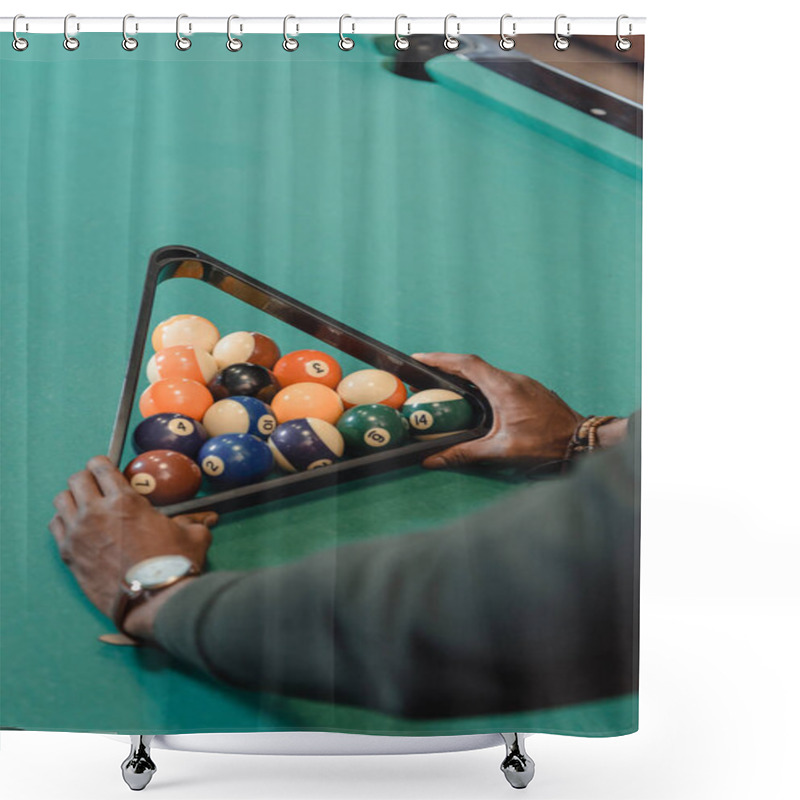 Personality  Cropped Image Of Male Hands Forming Set Of Billiard Balls By Triangle Shower Curtains