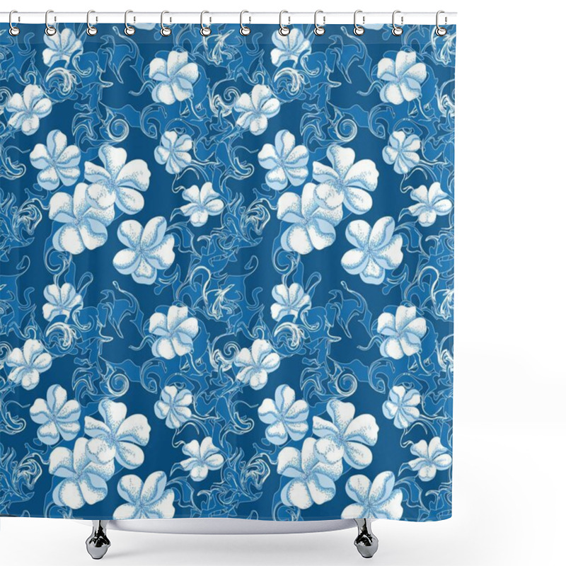 Personality  Seamless Ornament With Floral Pattern On Dark Blue Background, Hand-drawn White Flowers. Cherry Blossom, Peach. Design For Printing, Post, Social Network, Greeting Card, Fabric, Cover, Banner. Shower Curtains