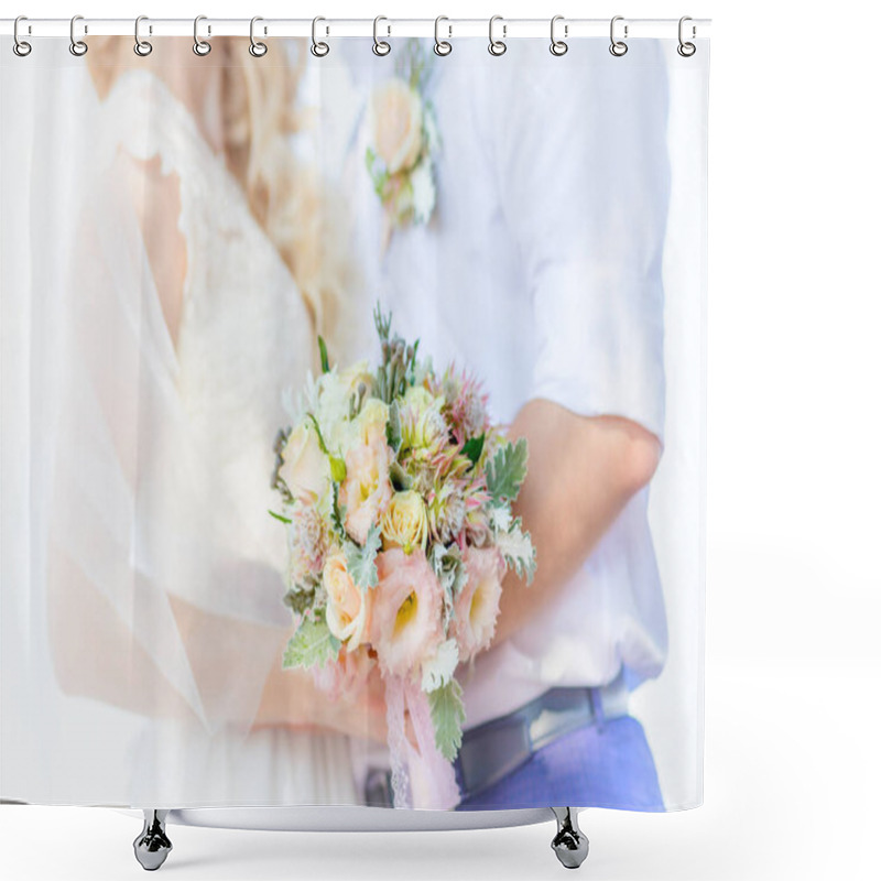 Personality  A Wedding Bouquet In The Hand. A Bouquet Of Flowers As A Symbol Of Love Is Held By A Couple In Love During The Wedding. Light Gentle Style Shower Curtains