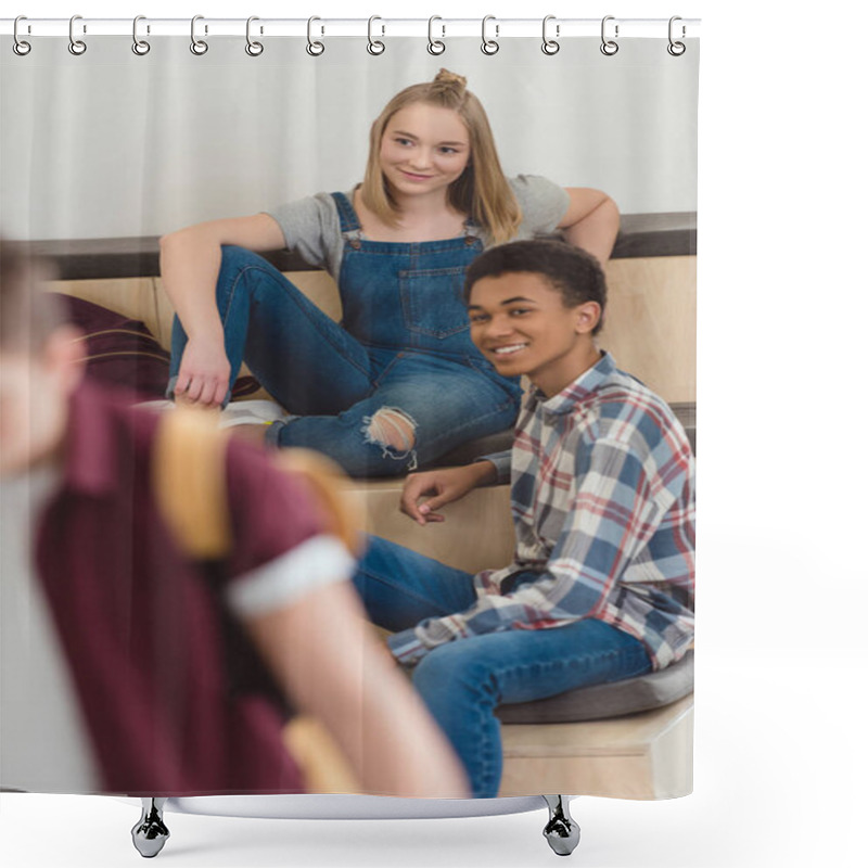 Personality  Teenage Students Couple Spending Time Together At School Corridor Shower Curtains