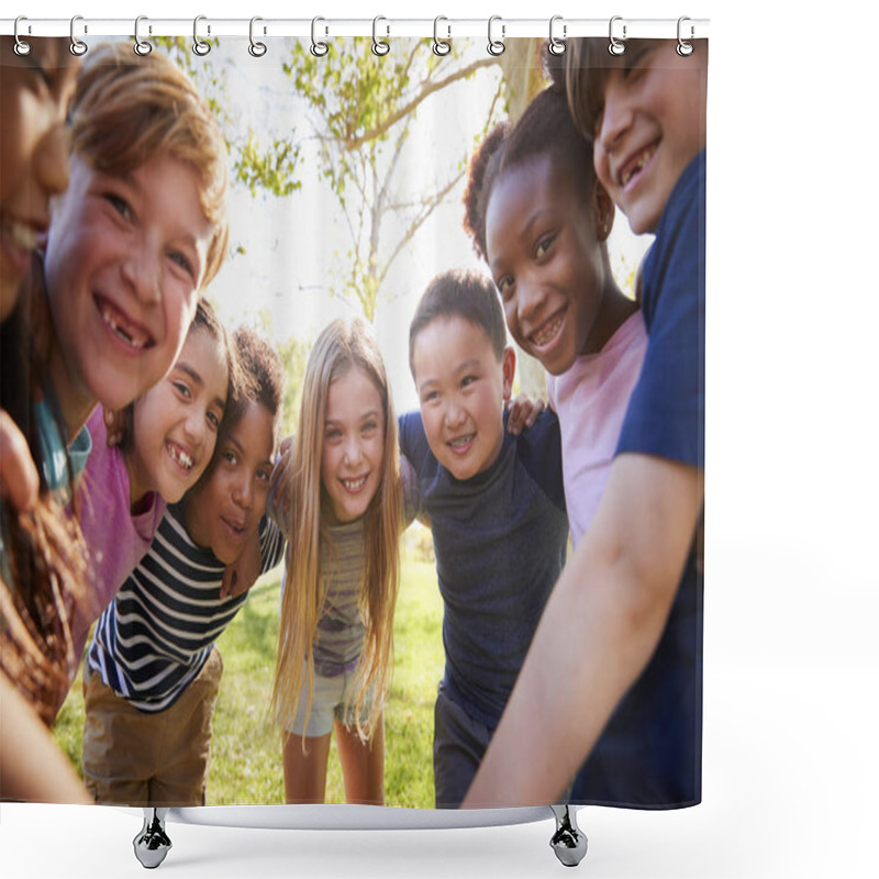 Personality  Group Of Smiling Schoolchildren Lean In Camera Embracing Shower Curtains