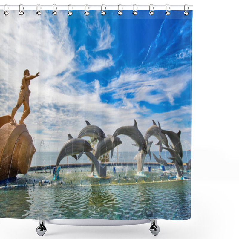 Personality  Mazatlan, Mexico-10 December, 2018: Dolphin Statue Located On Scenic Mazatlan Promenade (Malecon) Near The Ocean Shore And Historic City Center Shower Curtains