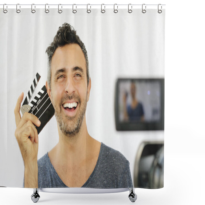 Personality  Young Guy Holding Film Clapper Shower Curtains