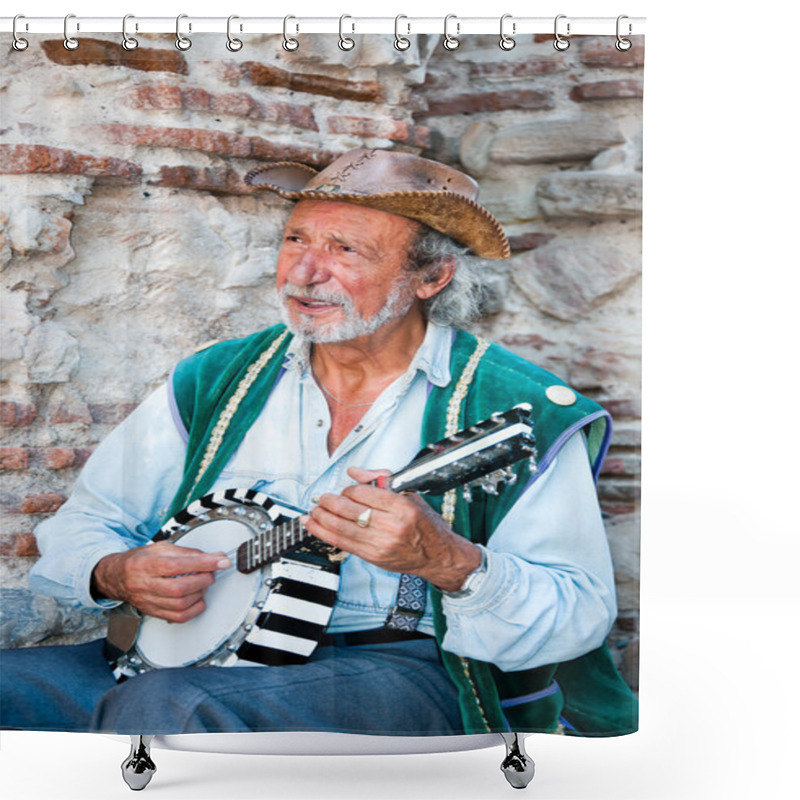 Personality  An Elderly Man Musician Plays A Musical Instrument The Banjo Aug Shower Curtains