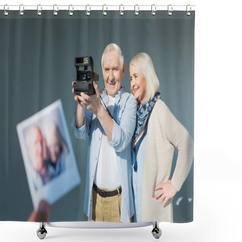 Personality  Senior Couple With Retro Camera Shower Curtains