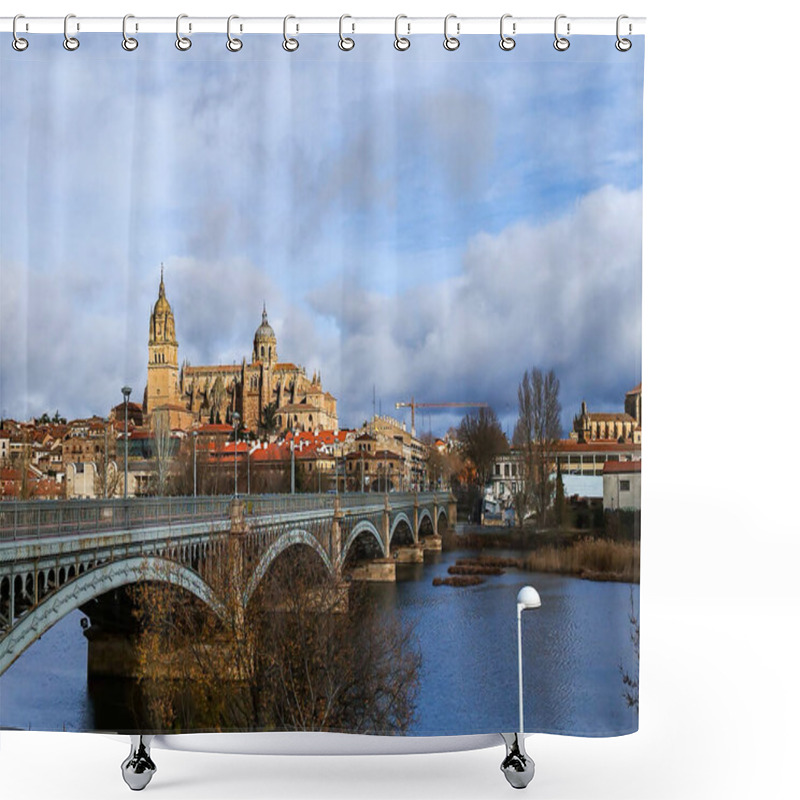 Personality  Salamanca. View Of Salamanca And The Enrique Estevan Bridge From The Dock Viewing Point Over The Tormes River. Traditional Stone Buildings. Salamanca Cathedral. SALAMANCA, SPAIN. 13 JANUARY 2025. Shower Curtains