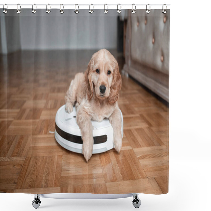 Personality  Pet Friendly Smart Vacuum Cleaner. Cute Golden Cocker Spaniel Puppy Dog With While Robot Vacuum Cleaner Works Close To Him. Smart Technology Concept. Shower Curtains