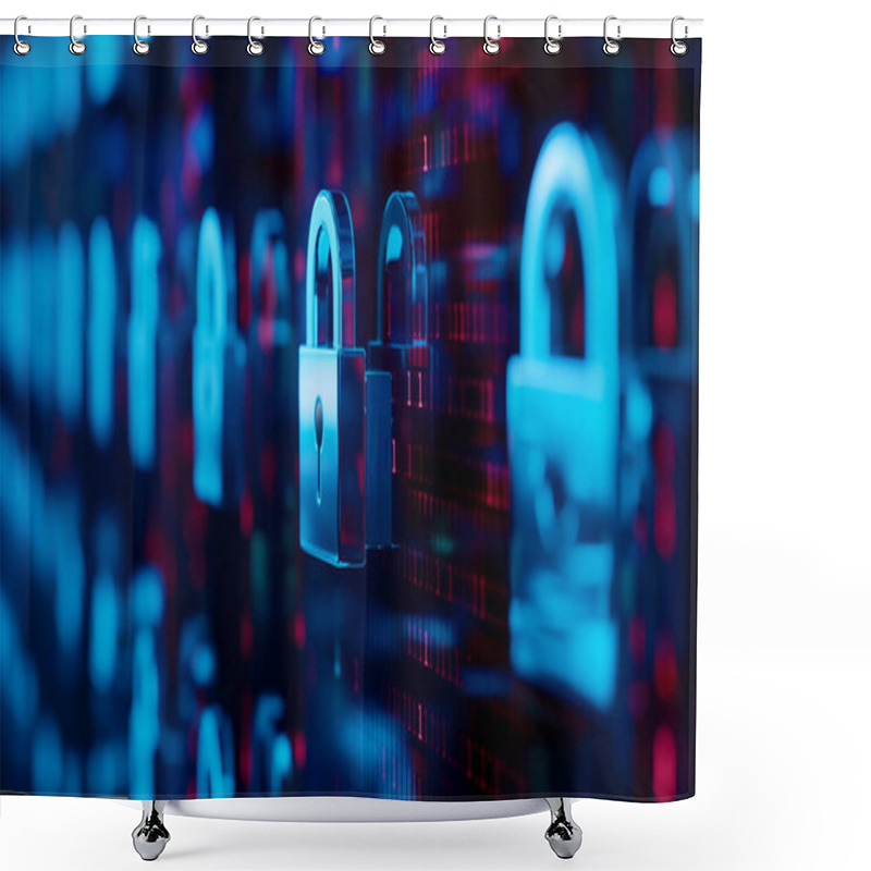 Personality  Rows Of Locks With A Digital Background, Representing Cybersecurity And The Defense Of Sensitive Information. Shower Curtains