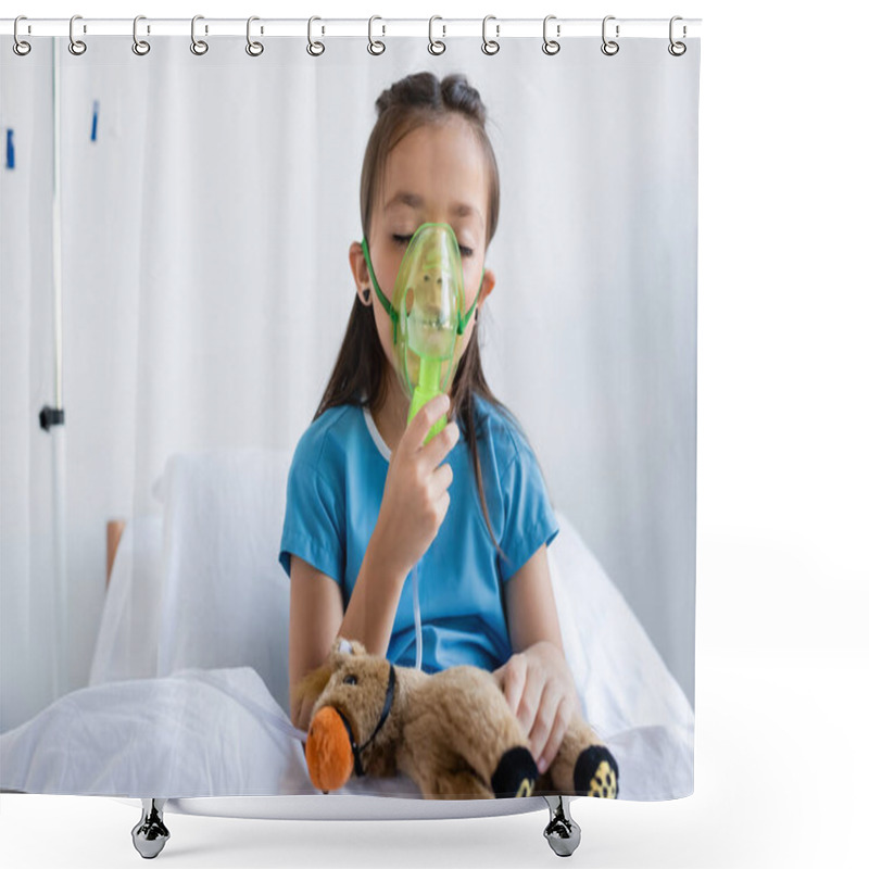 Personality  Sick Child Using Oxygen Mask Near Toy On Bed In Hospital  Shower Curtains