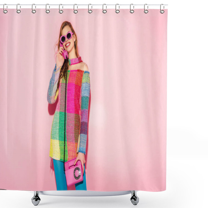 Personality  Cheerful Young Woman In Sunglasses And Checkered Dress Talking On Retro Phone On Pink Shower Curtains