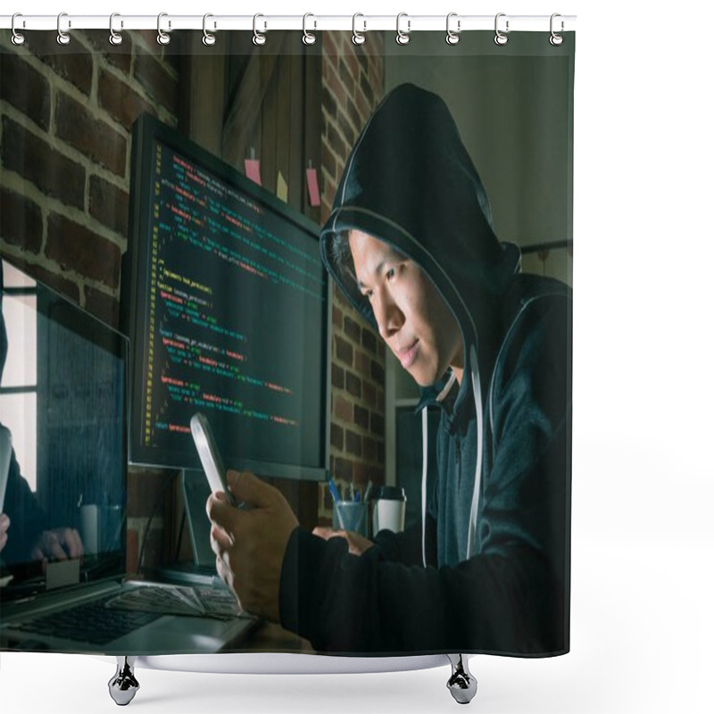 Personality  Young Male Programmer Using Mobile Cell Phone Shower Curtains