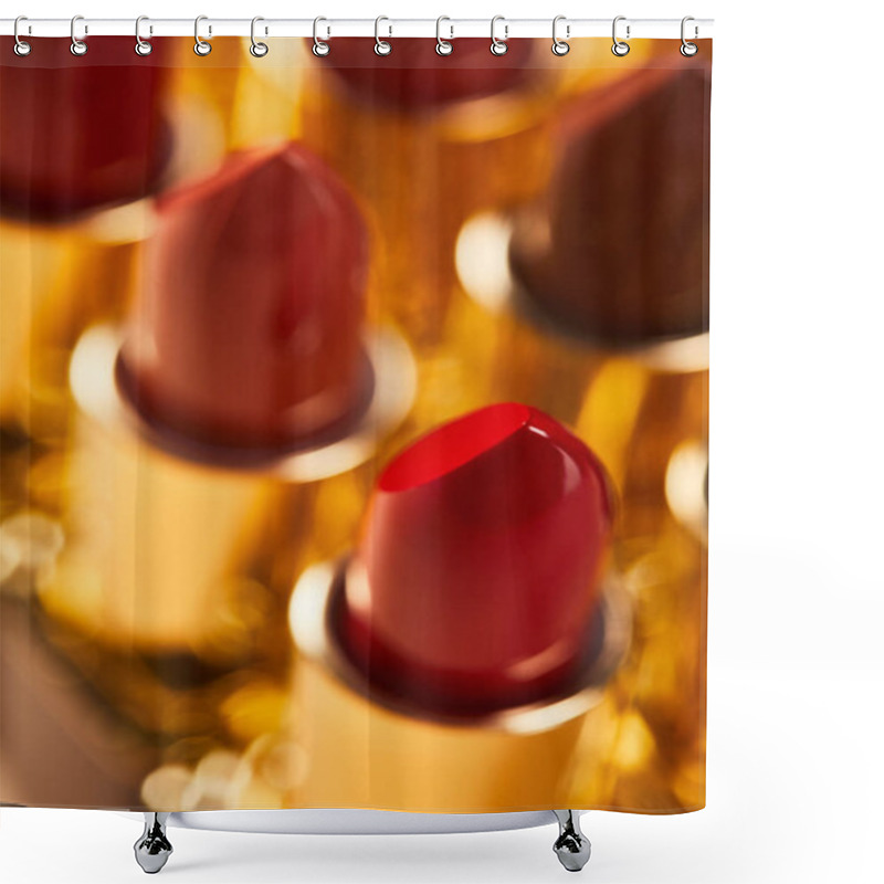 Personality  Selective Focus Of Various Shades Of Lipstick In Tubes Shower Curtains