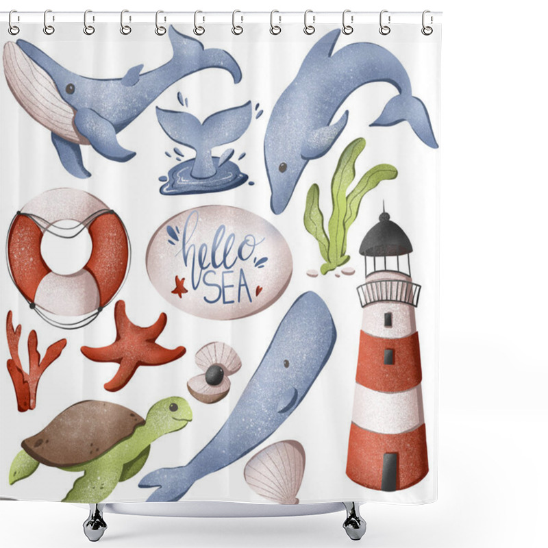 Personality  Digital Illustration Cute Texture Set Hello Sea, Sperm Whale, Whale, Lighthouse, Turtle, Life Buoy. Print For Stickers, Wrapping Paper, Baby Fabrics, Cards, Banners, Web Design. Shower Curtains