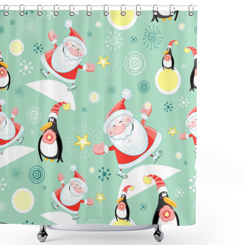 Personality  Seamless Pattern Of Santa And Penguins Shower Curtains