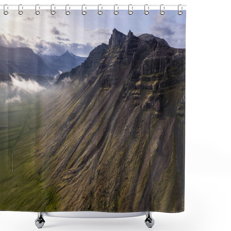 Personality  Breathtaking Aerial View Of A Towering Vestrahorn Mountain Peak Surrounded By Sprawling Green Meadows, Exhibiting Nature's Raw Beauty Stokksnes In Iceland. Peaceful Atmosphere Enhanced By Fog. Shower Curtains