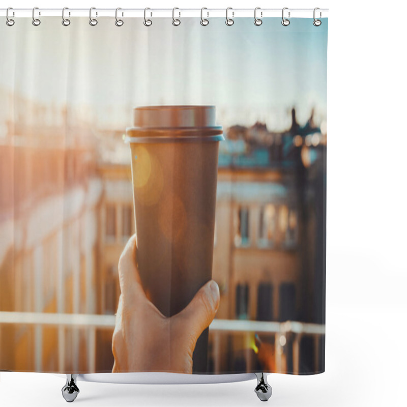 Personality  Hands Holding Hot Craft Cup Of Coffee Or Tea In Morning Sunlight With View To Blurred City Background. Enjoy, Lifestyle, Take Away Breakfast Concept. Woman On The Roof   Drink Shower Curtains