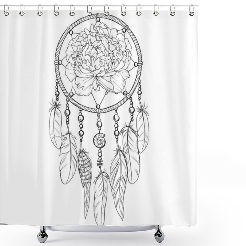 Personality  Hand Drawn Ornate Dreamcatcher With Peony Bud In Contour. Vector Illustration. Shower Curtains