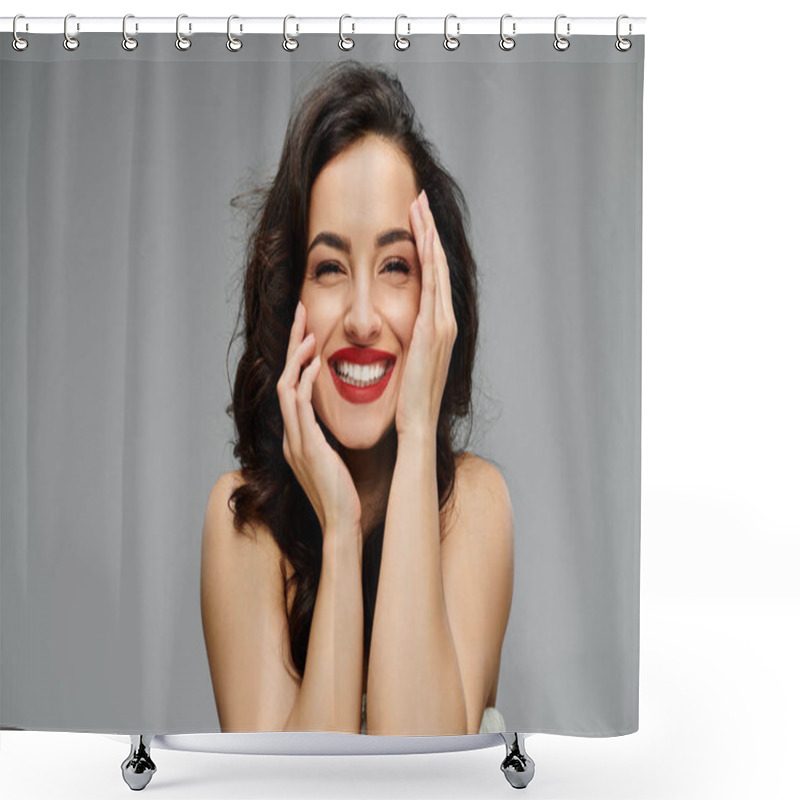 Personality  Cheerful Woman With Long Hair Poses Gracefully. Shower Curtains