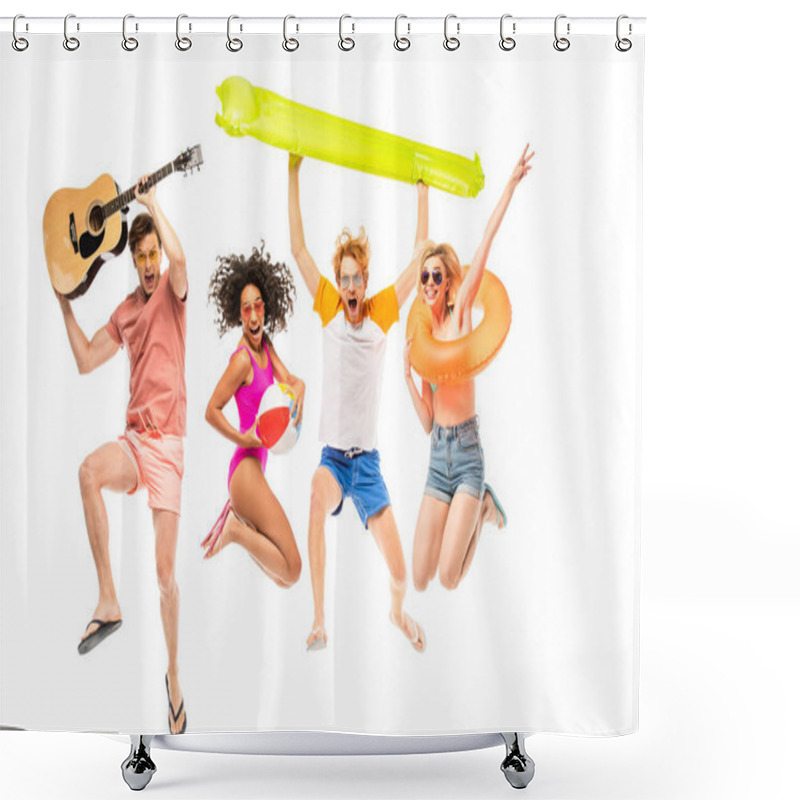 Personality  Excited Multicultural Friend In Sunglasses Holding Inflatable Ball And Acoustic Guitar While Jumping Isolated On White Shower Curtains