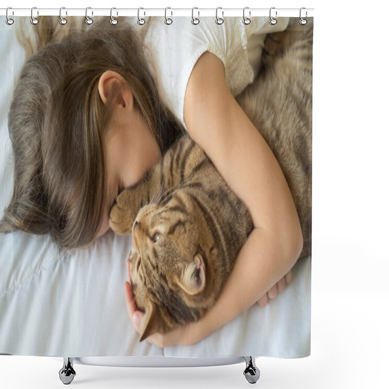 Personality  Young Girl Stroking Cat Lying On Bed Shower Curtains