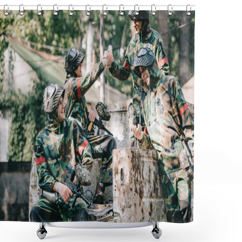 Personality  Happy Paintball Team In Camouflage Celebrating Victory And Shaking Hands On Broken Car Outdoors  Shower Curtains