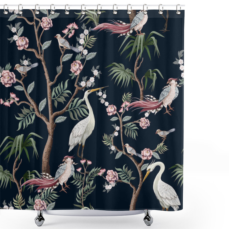 Personality  Seamless Pattern In Chinoiserie Style With Storks, Birds And Peonies. Vector, Shower Curtains