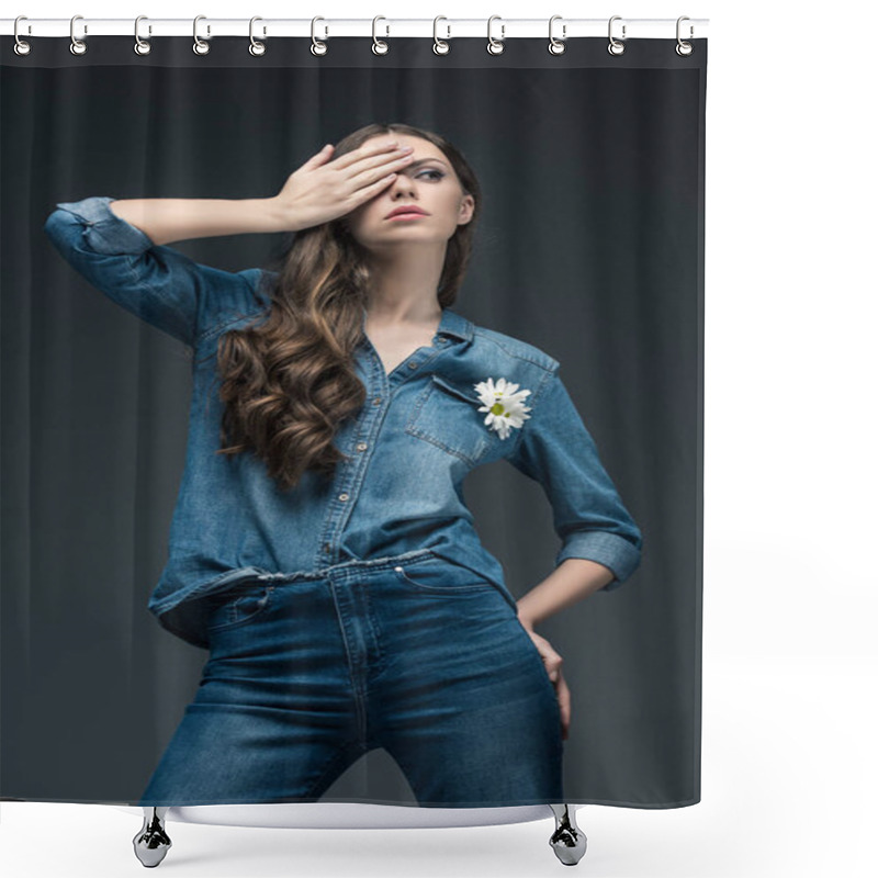 Personality  Beautiful Girl Closing Eye And Posing In Denim Shirt, Isolated On Grey Shower Curtains