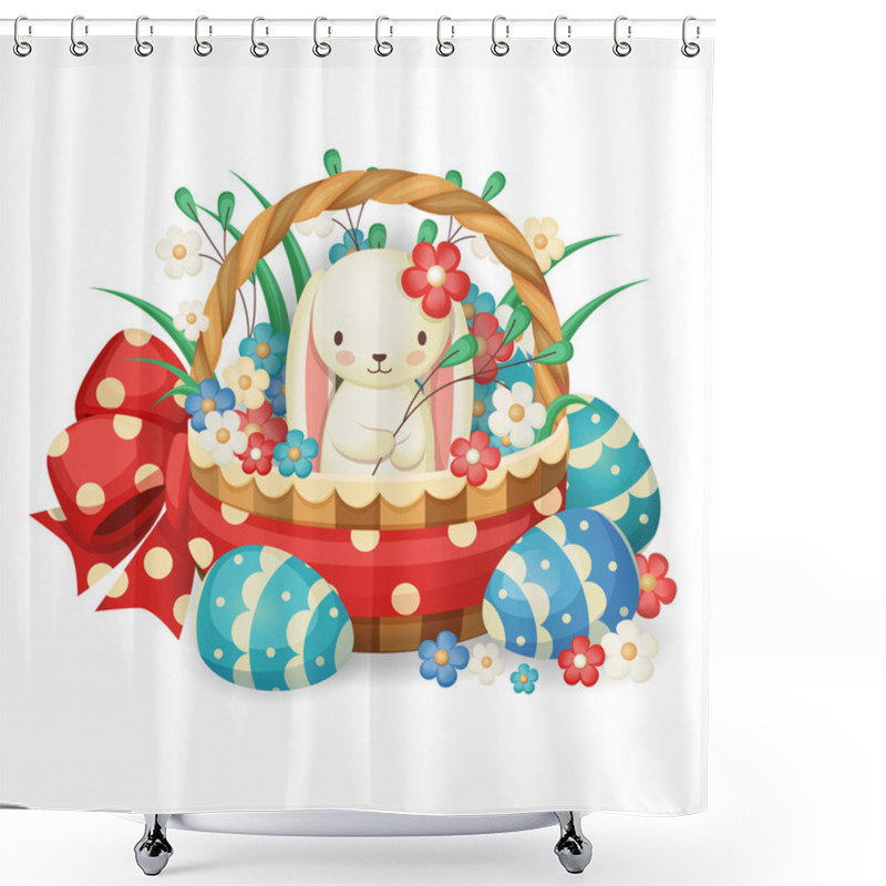 Personality  Vector Illustration For The Easter Holiday. Rabbit In A Basket With Flowers And Eggs. Shower Curtains