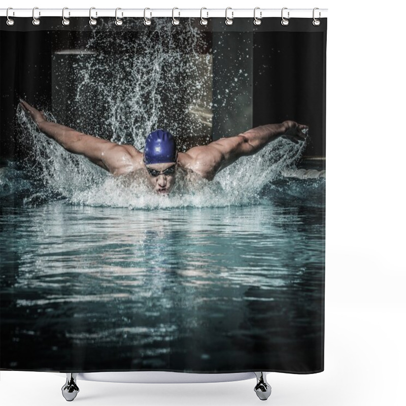 Personality  Young Man In Swimming Cap And Goggles Swim Using Breaststroke Technique  Shower Curtains