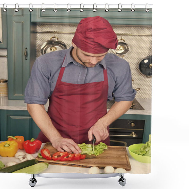 Personality  Man Chef Cook Food Following Recipe In Restaurant Kitchen. Man Chef Cut Vegetables. Best Cooking Recipe From Chef. Restaurant Of Delicious Cuisine Shower Curtains