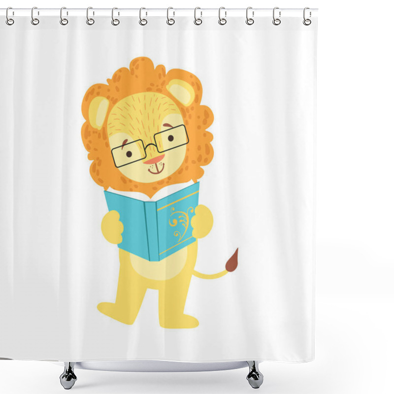 Personality  Lion Smiling Bookworm Zoo Character Wearing Glasses And Reading A Book Cartoon Illustration Part Of Animals In Library Collection Shower Curtains