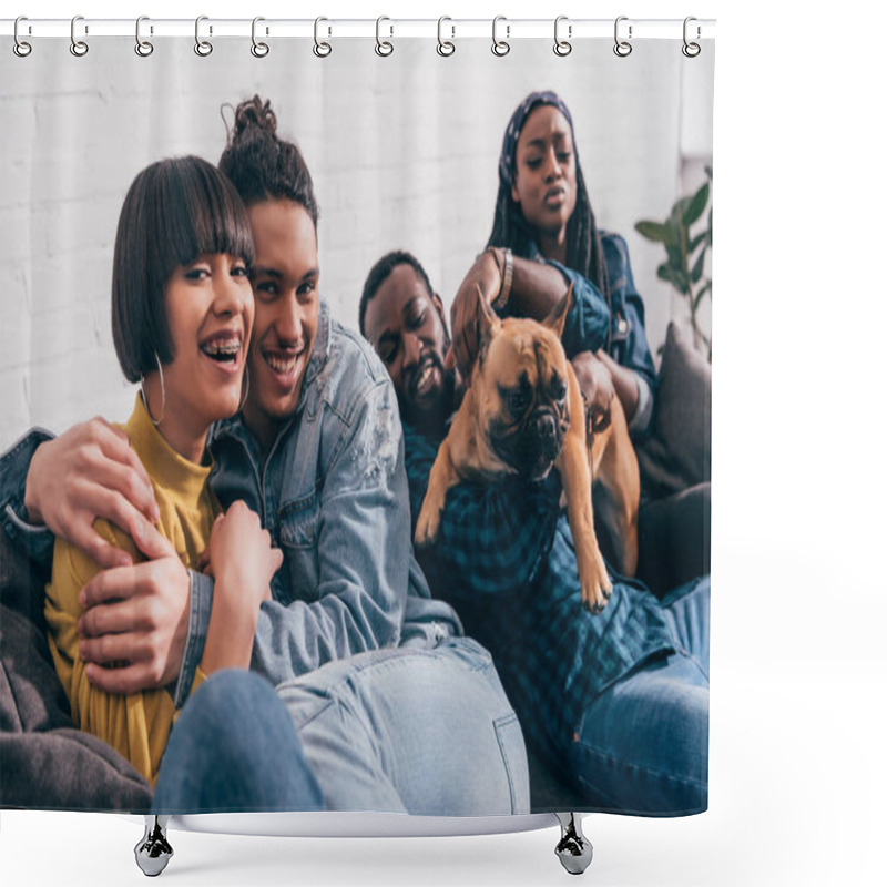 Personality  Young Smiling Group Of Multicultural Friends Sitting On Couch With Dog Shower Curtains