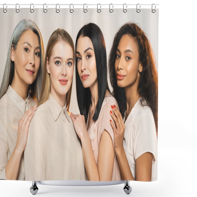 Personality  Beautiful Multicultural Women Looking At Camera Isolated On White  Shower Curtains