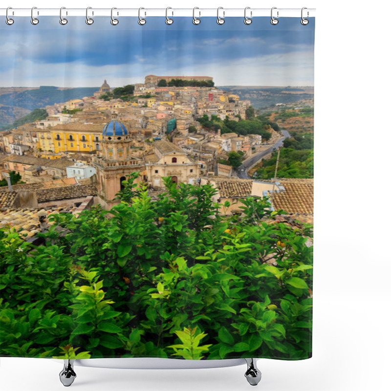 Personality  View Of Beautiful Village Ragusa With Green Tree Foreground Shower Curtains