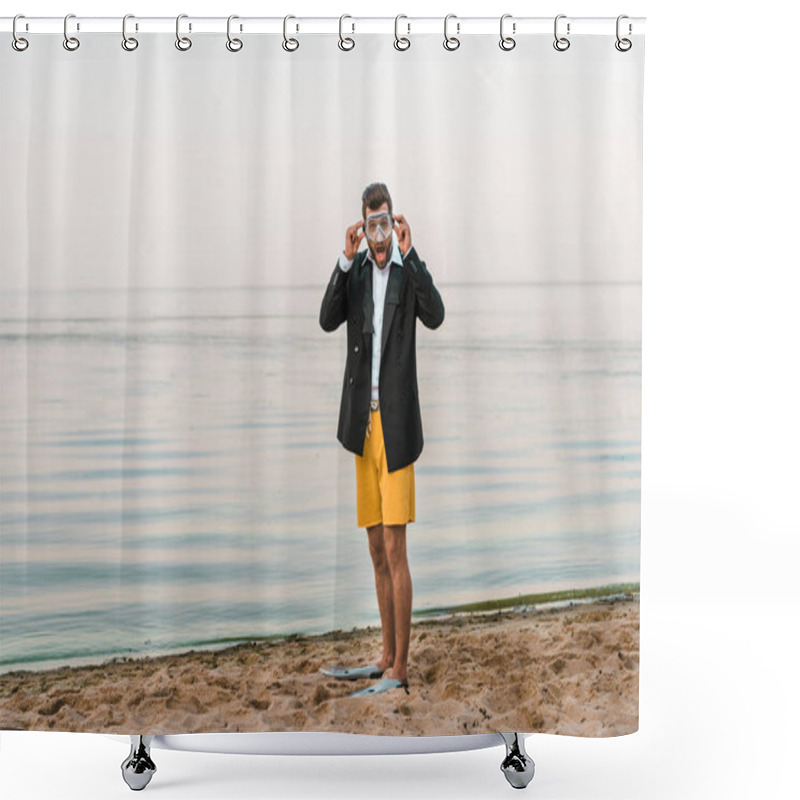 Personality  Shocked Man In Black Jacket, Shorts And Flippers Wearing Swimming Mask On Beach  Shower Curtains