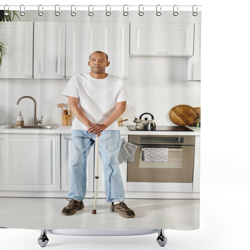 Personality  An African American Man With A Cane Stands Confidently In A Kitchen, Showcasing Strength And Resilience. Shower Curtains