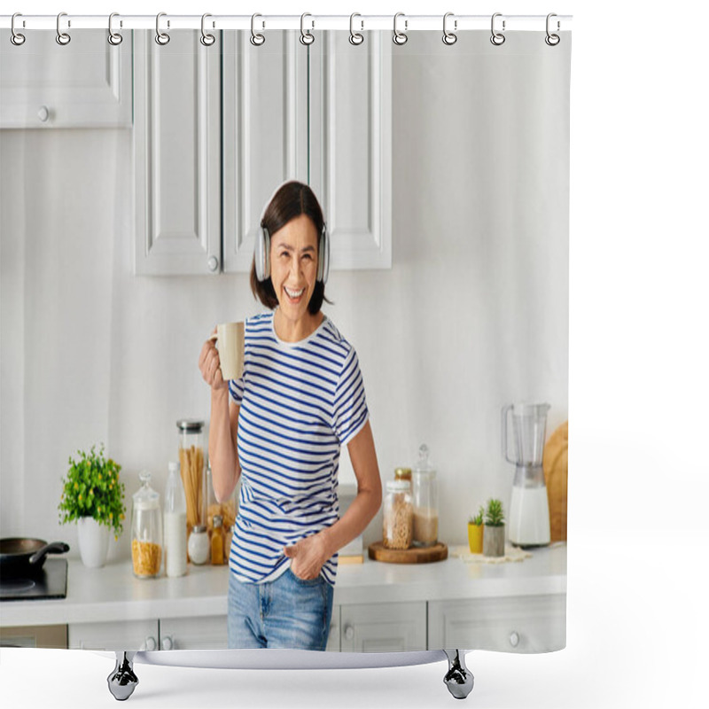 Personality  A Mature Woman In Cozy Homewear Stands In The Kitchen Holding A Cup. Shower Curtains