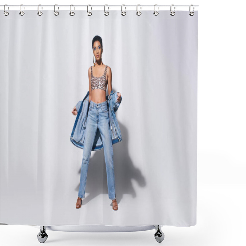 Personality  Full Length Of Trendy And Short Haired African American Model In Top With Leopard Print And Jeans Posing With Denim Jacket While Standing On Grey Background, Denim Fashion Concept Shower Curtains