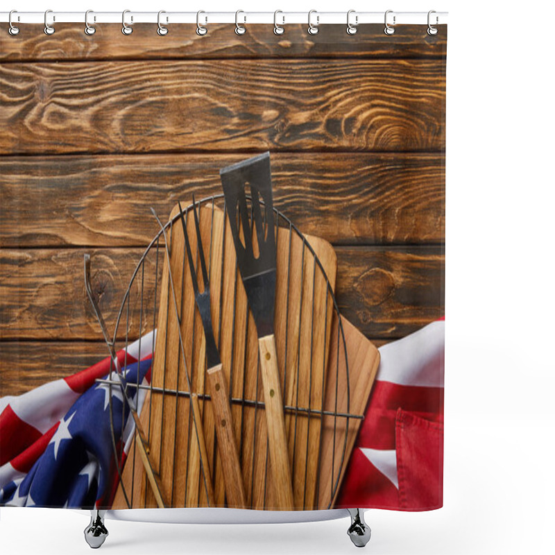 Personality  Top View Of American Flag And Bbq Equipment On Wooden Rustic Table Shower Curtains