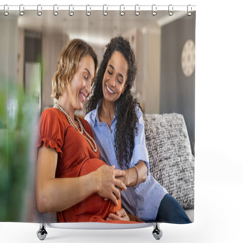 Personality  Lovely Young Lesbian Couple Planning The Future Of Their Baby. Happy Friend Feeling Belly Of Mid Pregnant Woman. Happy Mixed Race Woman Smiling With Hands On Expecting Mother's Baby Bump While Feeling Baby Movement; Assisted Fertilization And In Vitr Shower Curtains