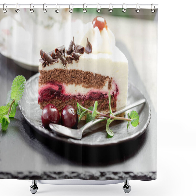 Personality   Delicious Fruit Cake With Sour Cherry, Dark Chocolate And Whipped Cream, Slice Of Black Forest Cake Close Up Shower Curtains