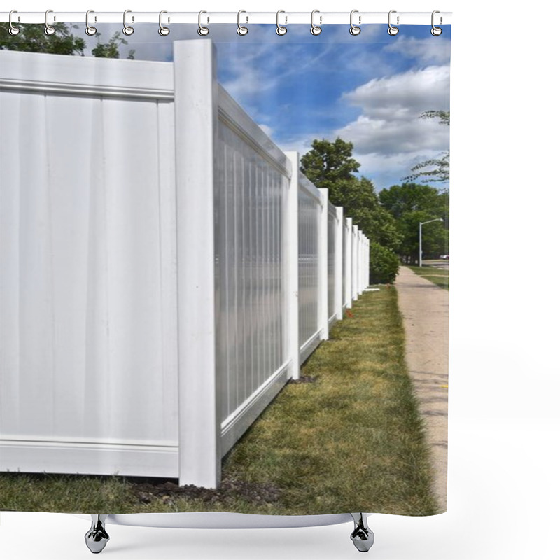 Personality  Finished White Vinyl Outdoor Privacy Fence Along A Sidewalk Shower Curtains