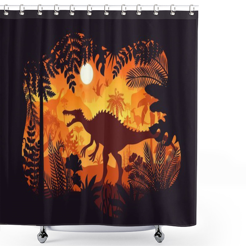 Personality  Prehistoric Spinosaurus Dinosaur Silhouette In Jungle Forest Sunset, Vector Background. Dinosaurs Silhouette In Sunset Landscape Of Jurassic Era, Roaring Suchomimus, Hypselosaurus In Night Forest Shower Curtains