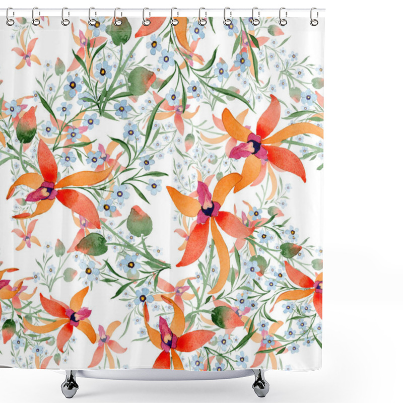 Personality  Blue And Orange Flowers. Watercolour Drawing Of Background With Orchids And Forget Me Nots. Shower Curtains