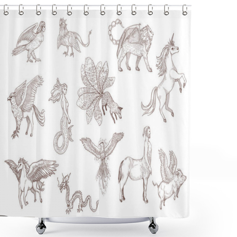 Personality  Hand Drawn Sketch Of Fantastic Beasts From Ancient Myths. Chinese Dragon, Pegasus, Unicorn, Griffin, Harpy, Mermaid, Isolated On White Background Engraved Illustrations Set. Mythology, Fantasy Concept Shower Curtains