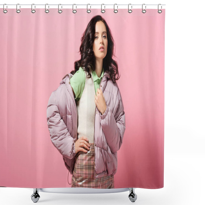 Personality  Brunette Young Woman In Puffer Jacket Posing On Pink Background Shower Curtains