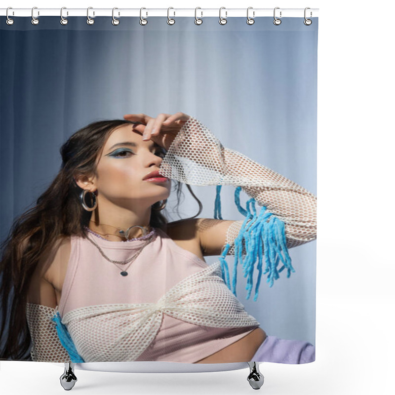 Personality  Portrait Of Young Asian Woman With Bold Makeup Looking At Camera, Covering Face On Blue Background Shower Curtains