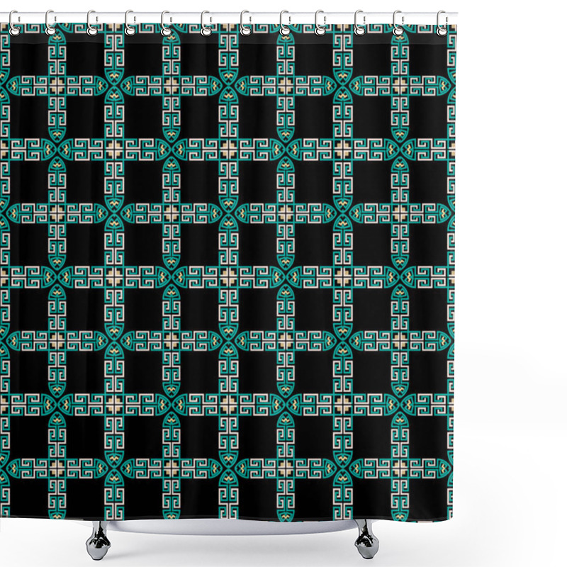 Personality  Checkered Greek Seamless Pattern. Geometric Ornamental Vector Tartan Background. Repeat Modern Plaid Backdrop. Greek Key, Meanders Modern Grid Ornaments. Colorful Tribal Ethnic Style Abstract Design. Shower Curtains