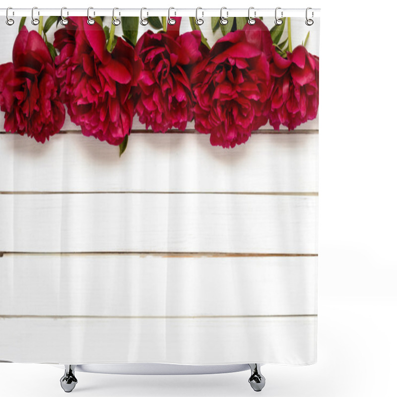 Personality  Burgundy Peonies On The White Wooden Background Shower Curtains