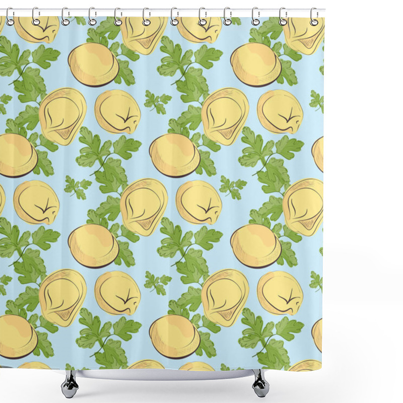 Personality  Dumplings And Parsley. On A Blue Background. Wallpaper, Texture .. Seamless.It Can Be Used For Tissue And Packaging. Without Gradients. Shower Curtains